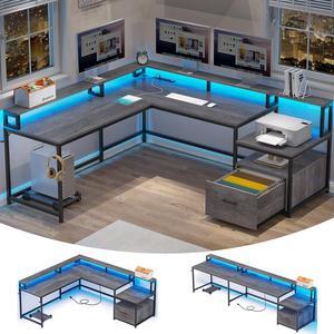 L Shaped Desk, 66" Home Office Desk with File Drawer & Power Outlet, Gaming Desk with Led Lights, Corner Computer Desk with Monitor Shelf, Printer Storage Shelves, Two Person Desk, Grey