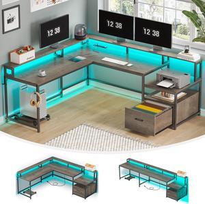 L Shaped Desk, 66" Home Office Desk with File Drawer and Power Outlet, Gaming Desk with Led Lights, Corner Computer Desk with Monitor Shelf, Printer Storage Shelves, Two Person Desk, Walnut