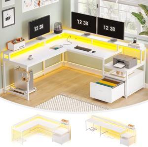 L Shaped Gaming Desk, 66" Home Office Desk with File Drawer & Power Outlet, Gaming Desk with Led Lights, Corner Computer Desk with Monitor Shelf, Printer Storage Shelves, Two Person Desk, White
