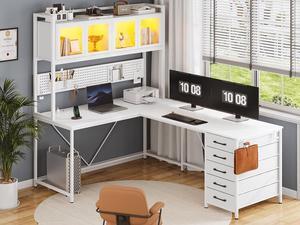 L Shaped Gaming Desk with Drawers, L Shaped Computer Desk with Hutch and Storage Shelves, Gaming Desk with Pegboard, Led Lights, and Power Outlet, Home Office Desk, Corner Desk, White