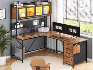 L Shaped Gaming Desk with Drawers, L Shaped Computer Desk with Hutch and Storage Shelves, Gaming Desk with Pegboard, Led Lights, and Power Outlet, Home Office Desk, Corner Desk, Rustic Brown