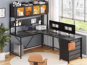 L Shaped Gaming Desk with Drawers, L Shaped Computer Desk with Hutch and Storage Shelves, Gaming Desk with Pegboard, Led Lights, and Power Outlet, Home Office Desk, Corner Desk, Black