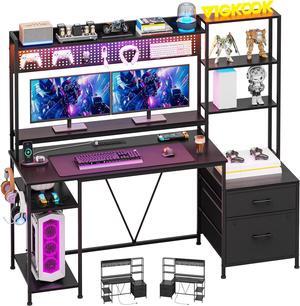 65" Gaming Desk with Hutch, 65in Reversible Computer Desk with Power Outlets LED Light, Home Office Desk with Monitor Stand 2 Drawers 4 Storage Shelves Pegboard 8 Hooks Mouse Pad (Black)