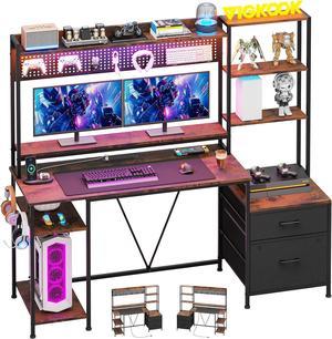 65" Gaming Desk with Hutch, 65in Reversible Computer Desk with Power Outlets LED Light, Home Office Desk with Monitor Stand 2 Drawers 4 Storage Shelves Pegboard 8 Hooks Mouse Pad (Rustic Brown)
