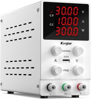 DC Power Supply Variable, 30V 10A Adjustable Switching Regulated DC Bench Power Supply with High Precision 4-Digits LED Display, 5V/2A USB Interface, Coarse and Fine Adjustments (White)