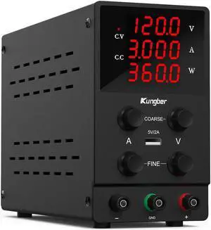 DC Power Supply Variable, 120V 3A Adjustable Switching Regulated DC Bench Power Supply with High Precision 4-Digits LED Display, 5V/2A USB Interface, Coarse and Fine Adjustments (Black)