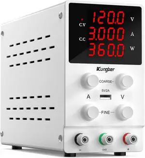 DC Power Supply Variable, 120V 3A Adjustable Switching Regulated DC Bench Power Supply with High Precision 4-Digits LED Display, 5V/2A USB Interface, Coarse and Fine Adjustments (White)