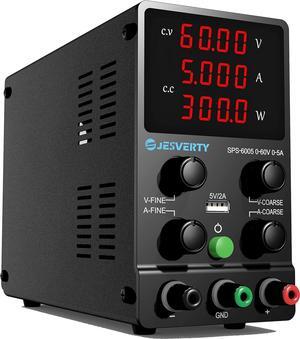 DC Power Supply Variable, 0-60V 0-5A Adjustable Switching DC Regulated Bench Power Supply with High Precision 4-Digit LED Display, 5V/2A USB Port, Coarse and Fine Adjustment