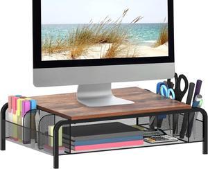 Metal Desk Monitor Stand Riser with Organizer Drawer, Rustic Monitor Riser for Computer, Small Printer, Laptop, Black and Brown