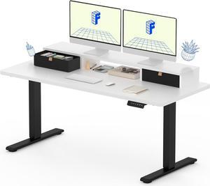 Electric Standing Desk with Drawer, Solid One-Piece Adjustable Height Desk with Storage Shelf, Ergonomic Monitor Stand for Computer Laptop (Black Frame/White Top, 55 inch)