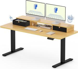 Electric Standing Desk with Drawer, Solid One-Piece Adjustable Height Desk with Storage Shelf, Ergonomic Monitor Stand for Computer Laptop (Black Frame/Black Top, 55 inch)