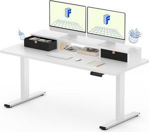 Electric Standing Desk with Drawer, Solid One-Piece Adjustable Height Desk with Storage Shelf, Ergonomic Monitor Stand for Computer Laptop (White Frame/White Top, 55 inch)
