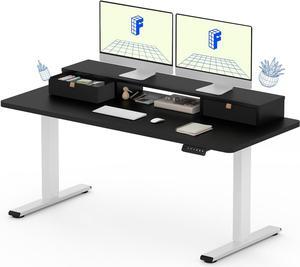 Electric Standing Desk with Drawer, Solid One-Piece Adjustable Height Desk with Storage Shelf, Ergonomic Monitor Stand for Computer Laptop (White Frame/Black Top, 55 inch)