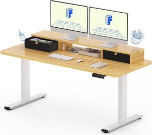 Electric Standing Desk with Drawer, Solid One-Piece Adjustable Height Desk with Storage Shelf, Ergonomic Monitor Stand for Computer Laptop (White Frame/Maple Top, 55 inch)