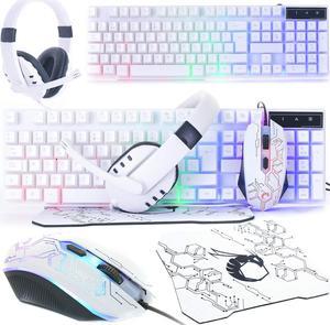 Gaming Keyboard and Mouse and Gaming Headset & Mouse Pad, Wired LED RGB Backlight Bundle for PC Gamers Users - 4 in 1 - White