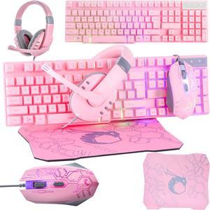 Gaming Keyboard and Mouse and Gaming Headset & Mouse Pad, Wired LED RGB Backlight Bundle for PC Gamers Users - 4 in 1 - Pink