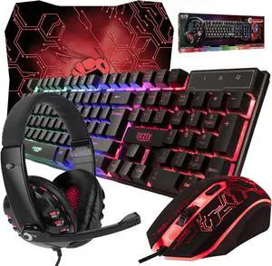 Gaming Keyboard and Mouse and Gaming Headset & Mouse Pad, Wired LED RGB Backlight Bundle for PC Gamers Users - 4 in 1 - Black