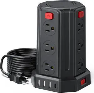 PD 20W Power Strip with 10FT Extension Cord, Multiple Outlets Surge Protector Power Strip with USB Ports Tower (10FT-PD20W, Black)