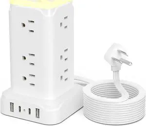 PD20W USB C Power Strip Tower with Night Light, Surge Protector Power Strip with 4 USB Ports, Extension Cord with Multiple Outlets 6 Feet  Thin Flat Plug for Home Office Dorm Room, White