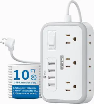 Flat Plug Extension Cord 10 ft, Power Strip with 6 Widely Outlets 4 USB Ports, 2 Side Outlet Extender, Overload Protection, Long Extension Cord with Multiple Outlets for Indoor, Home Office, Dorm Room