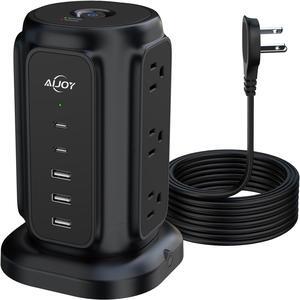 Flat Plug Power Strip Tower with 2 USB-C and 3 USB-A Ports, 6.5 FT Ultra Thin Extension Cord with Multiple Outlets, 1200J Surge Protector with 9 AC Port, Office Supplies, Dorm Essentials