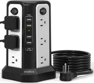 Surge Protector Tower with USB C(PD18W) Port,Power Strip Tower with 4 USB A Ports, Flat Plug 10FT Extension Cord with 12 AC Multiple Outlets,1800J Surge Protection for Home Office DormRoom