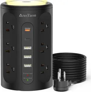 Power Strip Tower with Night Light, PD 20W Power Strip Surge Protector with USB Ports, Extension Cord 10 FT with Multiple Outlets (12AC+3A+2C) for Home Office Desk DormRoom (Black)