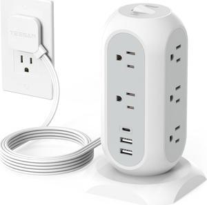 Tower Power Strip Flat Plug with 11 Outlets 3 USB (1 USB C), Surge Protector Tower 1625W/13A,1050J Protection, 6 Feet Extension Cord with Multiple Outlets, Office Desk Supplies, Dorm Essentials