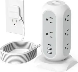 Surge Protector Power Strip Tower 10 Ft, Flat Plug Extension Cord with 11 AC Outlets 3 USB Ports (1 USB C), 1050J Protection Charging Station for Home, Office Supplies, Dorm Room Essentials