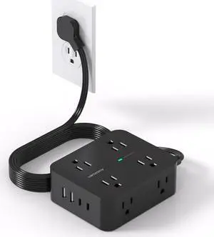 Power Strip Surge Protector, 5Ft Ultra Thin Flat Plug Extension Cord with Multiple Outlets, 8 Widely Outlet Extender with 4 USB Ports(2 USB C), 1080J Wall Mount for College Dorm Room Essentials Black