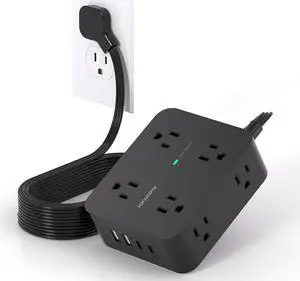 10 Ft Power Strip Long Cord, Extension Cord Surge Protector with Flat Plug, 8 Outlets 4 USB Charging Station(2 USB C), Wall Multiple Plug Outlet Extender for Home Office Desk