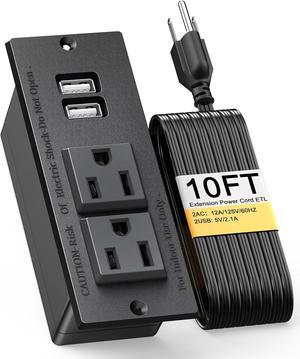 Recessed Power Strip Conference Recessed Outlet Desktop Power Grommet Furniture Flush Mount Desk Outlet Power Socket 2-Socket & 2-USB Ports 10 FT Extension Power Cord, ETL Listed