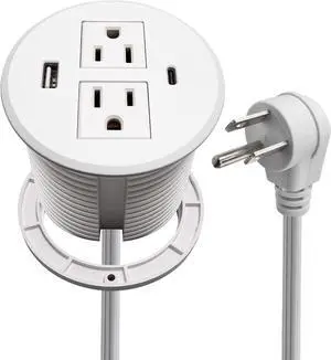 Desk Power Grommet USB C Total 30W, PD Fast Charge Desktop Power Strip 2 Outlets 2 USB Ports Recessed Flat Plug Extension Cord Mount into Countertop Shelf Cabinet End Table. (White)