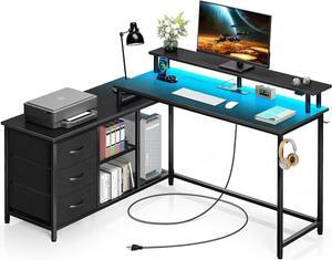 L Shaped Computer Desk with Drawers, Reversible Gaming Desk with LED Lights & Charging Port, Corner Desk with Storage Shelves & Monitor Stand for Home Office - Black