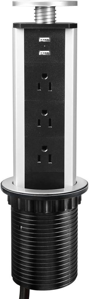 Pop Up Outlet Socket Recessed Retractable Power Strip Charging Station with 3 US Plug and 2 USB Ports for Kitchen Counter Island Conference Office, Black
