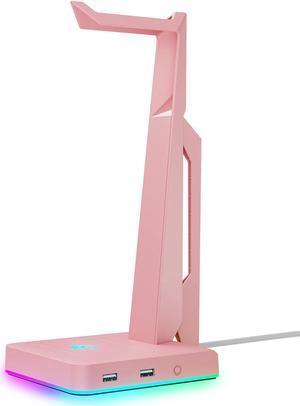 RGB Gaming Headset Stand with 2 USB Ports, Game Headphone Mount for PC, Xbox One, PS4, Switch, Earphone Holder Hanger, Great for Gaming Stations, Fancy Desk Gamer Accessories, Pink