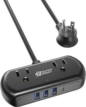 Power Strip with USB, Mini Surge Protector with 2 Wide-Spaced Outlets, 3 USB-A 1 USB-C, 5 Ft Extension Cord, Flat Plug, Compact Size Desktop Charging Station Travel, Home, Office, Black