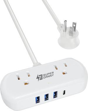 Power Strip with USB, Mini Surge Protector with 2 Wide-Spaced Outlets, 3 USB-A 1 USB-C, 5 Ft Extension Cord, Flat Plug, Compact Size Desktop Charging Station Travel, Home, Office, White