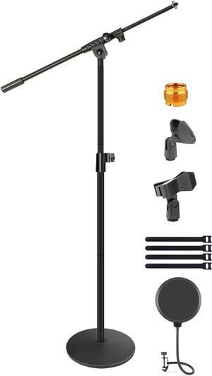 Microphone Stand, Detachable Weighted Round Base Mic Floor Stand with Boom Arm Pop Filter Mic Clips 3/8" to 5/8" Adapter Cable Ties, Height Adjustable from 48" to 63" for Snowball Blue Yeti