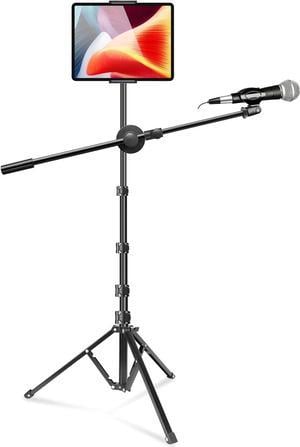 Floor Tablet Stand & Boom Mic Stand, 68in Height Adjustable iPad Holder Stand, Portable Tripod Microphone Stand for Singing, Compatible with iPad Pro Air Mini and 4-12.9 Phones & Tablets