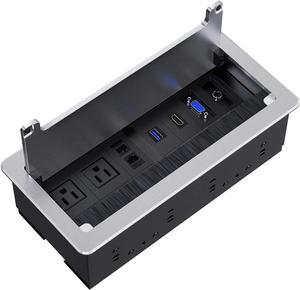 Recessed Connectivity Box Outlet for Conference Room Table with 2AC Receptacle,2RJ45, 1USB3.0, 1HDMI, 1 VGA, 13.5mm Audio, Silver