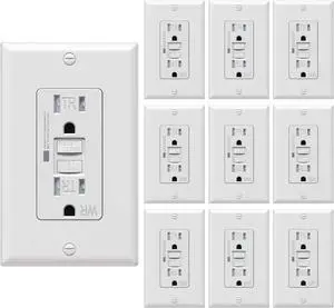 10 PACK Self-Test GFCI Outlets, Tamper-Resistant and Weather-Resistant, GFCI Receptacle with LED Indicator, Decorative Wall Plates and Screws Included, 15 Amp/125 Volt, UL Listed, White