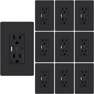 10 Pack USB C Outlet, 25W 5.0 Amp 2-Ports USB Receptacle, 15A Tamper Resistant Wall Outlet with USB C Ports, Screwless Wall Plate Included, ETL Listed, Black