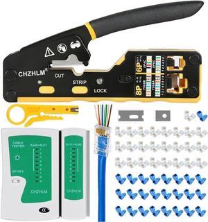 RJ45 Crimp Tool Kit Pass Through Crimper RJ45 Crimping Tool Stripper Cutter Crimper All-in-One for 8P RJ45 Cat5 Cat5e Cat6 Cat6a 6P RJ11/12 Telephone Connectors With Cable Tester 50PCS Connectors 50PC