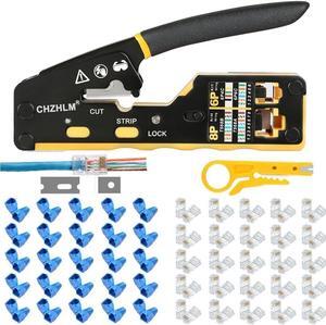 RJ45 Crimp Tool Kit All-in-one Ethernet Crimping Tool Pass Through Crimper for 8P RJ45 Cat5 Cat5e Cat6 Cat6a 6P RJ11/12 Telephone Connectors With 50Pcs Connectors 50Pcs Covers Mini Yellow Stripper