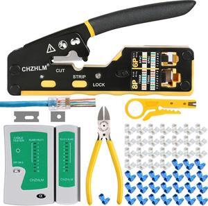 RJ45 Crimping Tool Kit Rj45 Crimper Stripper Cutter All-in-One Pass Through Crimper for 8P RJ45 Cat5 Cat5e Cat6 Cat6a 6P RJ11/12 Telephone Connectors With 50Pcs Connectors 50Pcs Covers Mini Stripper