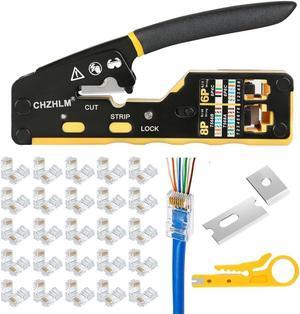 RJ45 Crimping Tool Pass Through Ethernet Crimper for Cat6 Cat5 Cat5e RJ45 Pass Through Connectors and RJ12 Ends with 50PCS RJ45 Cat6 Connectors Mini Yellow Stripper and Blades