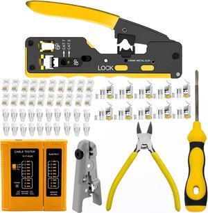 rj45 Crimp Tool Kit, Pass Through Cat7 Cat6A Cat6 Cat5e Cat5 rj45 Crimping Tool with 10PCS Cat7 Shielded Connectors 10PCS Covers 20PCS Cat6 Pass Through Connectors 20PCS Covers Network Tester