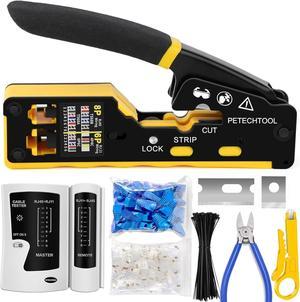 RJ45 Crimp Tool Pass Through Ethernet Crimping Tool Kit Cat6 Cat5e Cat6a RJ45 Crimper with Cable Tester, Cat6 Connectors with RJ45 Boot Covers, Mini Stripper, Blades and Cable Ties