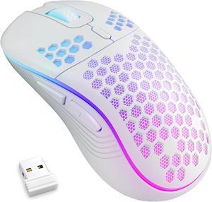 Wireless Gaming Mouse Honeycomb 2.4G USB Cordless Mouse RGB Rechargeable PC Game Mice with 7-Color LED Lights,3 Adjustable DPI for Windows Laptop Desktop Computers - White